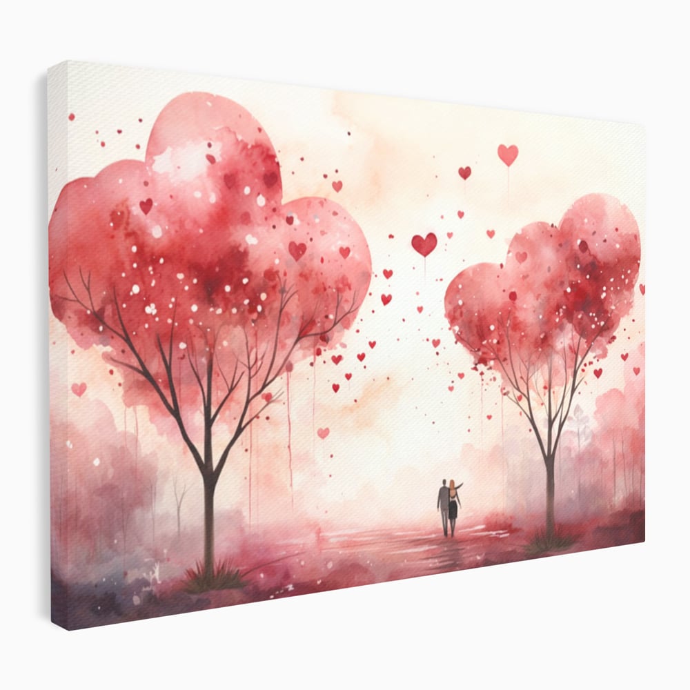 Tablou canvas cu tablou canvas cuplu sub copaci in forma de inima, fara rama, pe sasiu de lemn